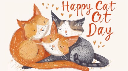 Two cute cats snuggling together, with the text "Happy Cat Day" in a warm, soothing color palette and an illustrated touch
