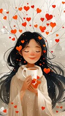 Are you sure you want to imagine 3 prompts from the template `long black haired mother, stars on her hair, is wrapped up to her neck in a white blanket, in her hand is a white mug into which a lot of 