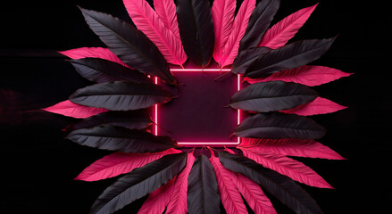 A black background desktop top view, plant big leaves, with a neon frame
