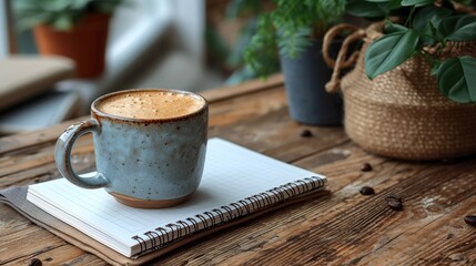 Fototapeta premium Design creativity: a stylish workspace with a coffee cup, notepad and design space. --ar 16:9 --style raw --stylize 750 --v 6 Job ID: 0efc35c2-95bc-487e-8dc8-21390c4607a3