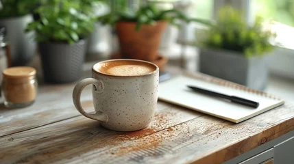 Tuinposter Designer's desk: on white wooden table - coffee cup, notepad and pen creating inspiring atmosphere. --ar 16:9 --style raw --stylize 750 --v 6 Job ID: 8245f86a-f99d-44eb-adf2-84ba90d179b4 © George