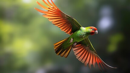 Parrot in flight with open wings, green and red colors.