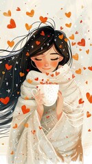 long black haired mother, stars on her hair, is wrapped up to her neck in a white blanket, in her hand is a white mug into which a lot of small heart is poured from a jug, white and pastel orange colo