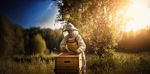beekeeper with honeycombs in hands in nature bee apiary. - obrazy, fototapety, plakaty