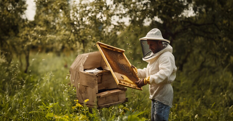 beekeeper with honeycombs in hands in nature bee apiary. - obrazy, fototapety, plakaty