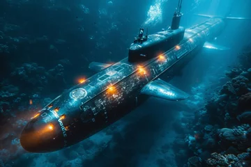 Papier Peint photo Naufrage A submarine is seen in the ocean with a blue and orange light on the front