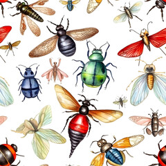 Seamless insect variety illustration pattern, insect theme wallpaper design. Generative ai