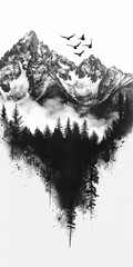 Black and white painting of a mountain range with trees and birds flying in the sky