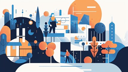 Abstract Cityscape in Blue and Orange