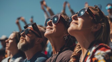 group of people with glasses watching a solar eclipse on the street