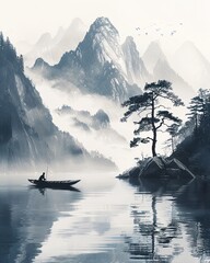 Man in a rowboat on a calm lake surrounded by mountains.