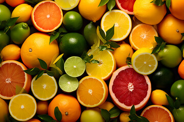 Vibrant Citrus Symphony: An Artistic Display of Juicy, Freshly Picked Key Limes, Lemons, Grapefruits, Oranges, and Tangerines. 