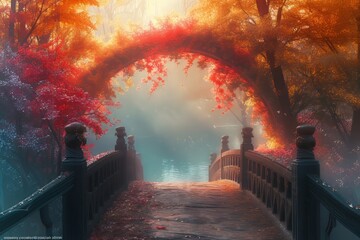 Beautiful view of bright autumn landscape with beautiful old bridge with red maple leaves - obrazy, fototapety, plakaty