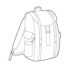 Explorer backpack silhouette bag. Fashion accessory technical illustration. Vector schoolbag 3-4 view for Men, women, unisex style, flat handbag CAD mockup sketch outline isolated