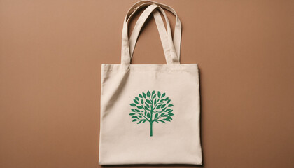 Top down flat lay of fabric reusable tote bag on simple brown background