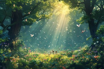 Fairytales Bloom: A Mystical Pathway Bathed in Ethereal Light, Inviting Exploration of a Magical Forest, Sun Rays Through The Forest - obrazy, fototapety, plakaty