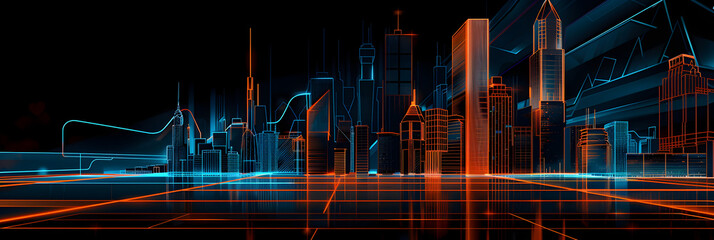 Neon silhouette of futuristic city skyline isotated on black background.