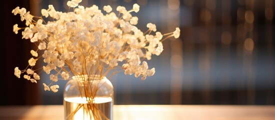 Bouquet of baby s breath in a glass vase at evening