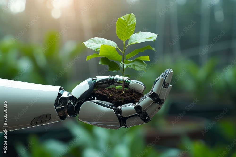 Poster a robot hand works on a modern farm. background with selective focus and copy space