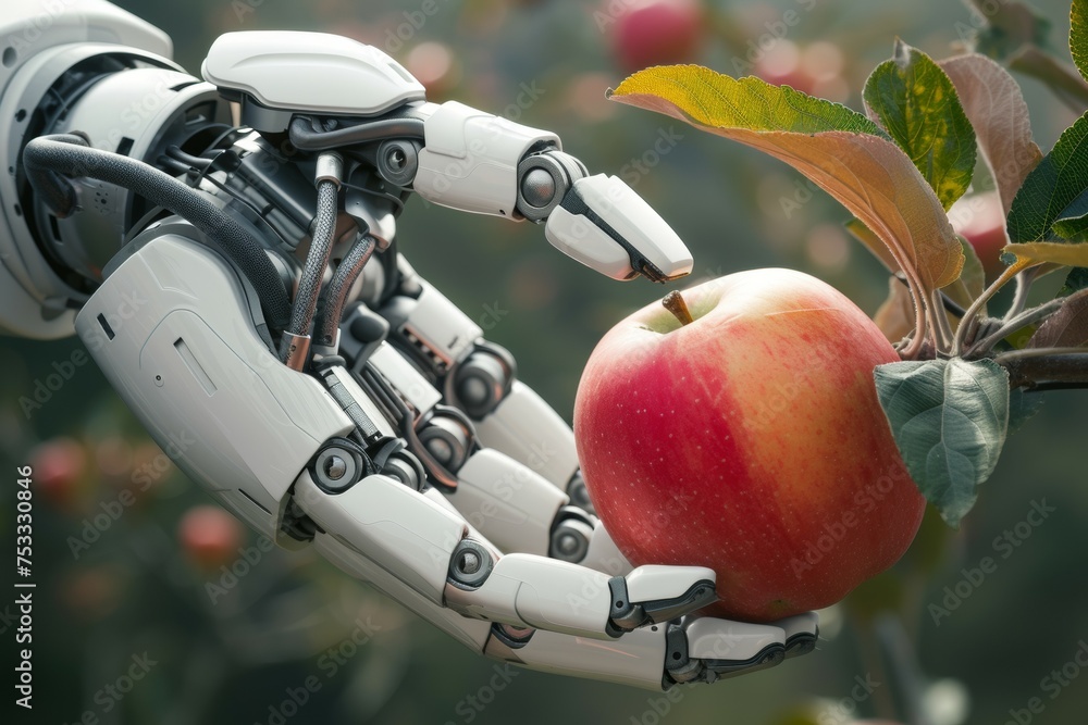 Aufkleber a robot hand works on a modern farm. background with selective focus and copy space