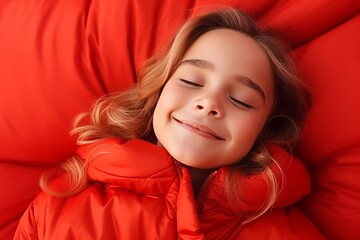 Cute little girl sleeping on a red beanbag, close-up
