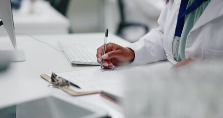 Hand, laboratory and checklist on clipboard or medical healthcare breakthrough, science or innovation. Person, fingers and pen at desk for vaccine investigation or health, research project or results - Powered by Adobe