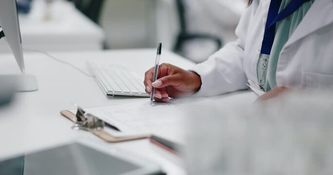 Hand, laboratory and checklist on clipboard or medical healthcare breakthrough, science or innovation. Person, fingers and pen at desk for vaccine investigation or health, research project or results