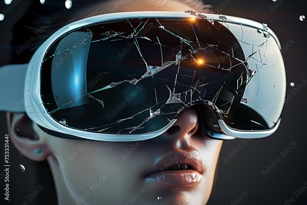 Poster broken virtual reality glasses with cracks. background with selective focus and copy space