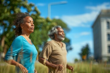 Two older people are running in a park