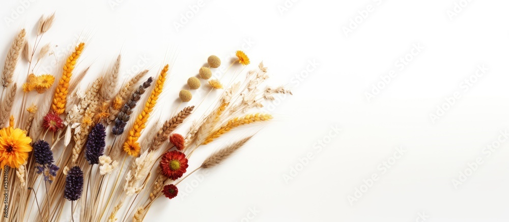 Poster dried flowers and spikelets arranged on a light background with twigs flat lay photo with top view a