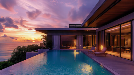 Modern house with a swimming pool, modern pool villa at the beach, luxury villa by the ocean