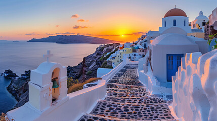 sunset by the ocean of Oia Santorini Greece, a traditional Greek village in Santorini. © Fokke Baarssen