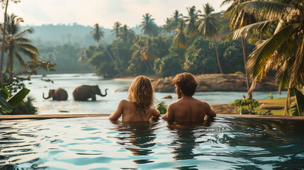 Naklejka na ściany i meble couple watching the sunset in an infinity pool on a luxury vacation, man and woman watching the sunset on the edge of a pool in Sri Lanka with Elephants in the background