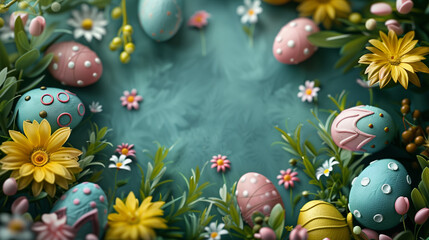 Obraz na płótnie Canvas easter eggs on grass on a blue background with flowers, Easter holiday background with copy space