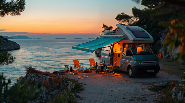Camping car by the ocean at sunset of Croatia, a holiday road trip in motorhome, Camper Van house camp near the ocean sea shore, camper next to the sea in Croatia, road trip in Europe 