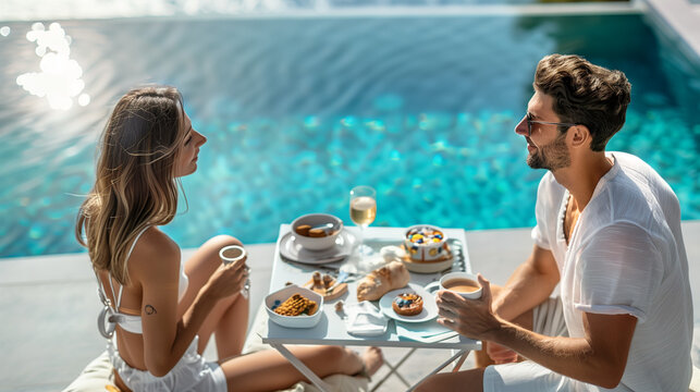 a young couple of men and women having breakfast at the poolside during a luxury vacation in Santorini Greece, man and woman by the pool - Powered by Adobe