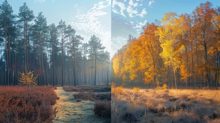  Comparison photo of the same scene in the summer and the Autumn season, morning in the forest, autumn landscape in the forest © Fokke Baarssen