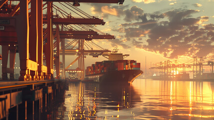 A container ship laden with cargo containers docks at an import-export terminal equipped with quay cranes. This scene embodies the essence of global business, commerce, trade, logistics, and transport - obrazy, fototapety, plakaty