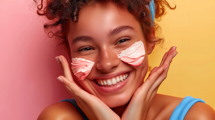 A woman with a happy face uses cosmetics on her face to add volume to her skin - obrazy, fototapety, plakaty
