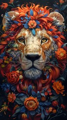 Majestic lion painting with floral crown. Generative AI