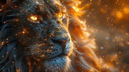 Close-up of lion with glowing eyes. Generative AI