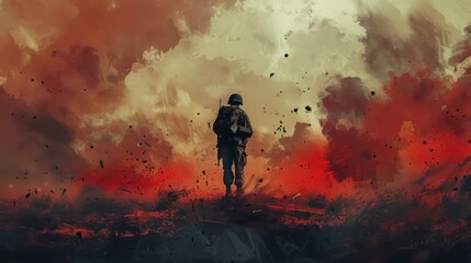 illustration painting of a lone soldier at war with explosions - obrazy, fototapety, plakaty