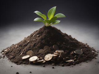sustainable and profitable environment. a pile of dirt with a plant growing and money next to it.