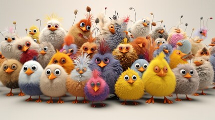 Flock of Birds and 3D Characters cute face - obrazy, fototapety, plakaty