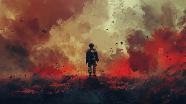 illustration painting of a lone soldier at war with explosions and smoke