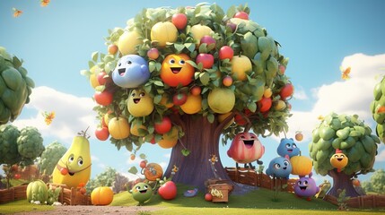 Fototapeta premium Fruit Tree Environments Explored by 3D Character
