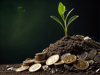 sustainable and profitable environment. a pile of dirt with a plant growing and money next to it.