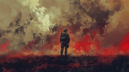 illustration painting of a lone soldier at war with explosions and smoke,bombs,death,weapons - obrazy, fototapety, plakaty