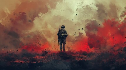 illustration painting of a lone soldier at war with explosions and smoke, bombs, death, weapons in high resolution - obrazy, fototapety, plakaty