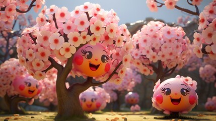 Fototapeta na wymiar Fruit Trees in Bloom with 3D Characters